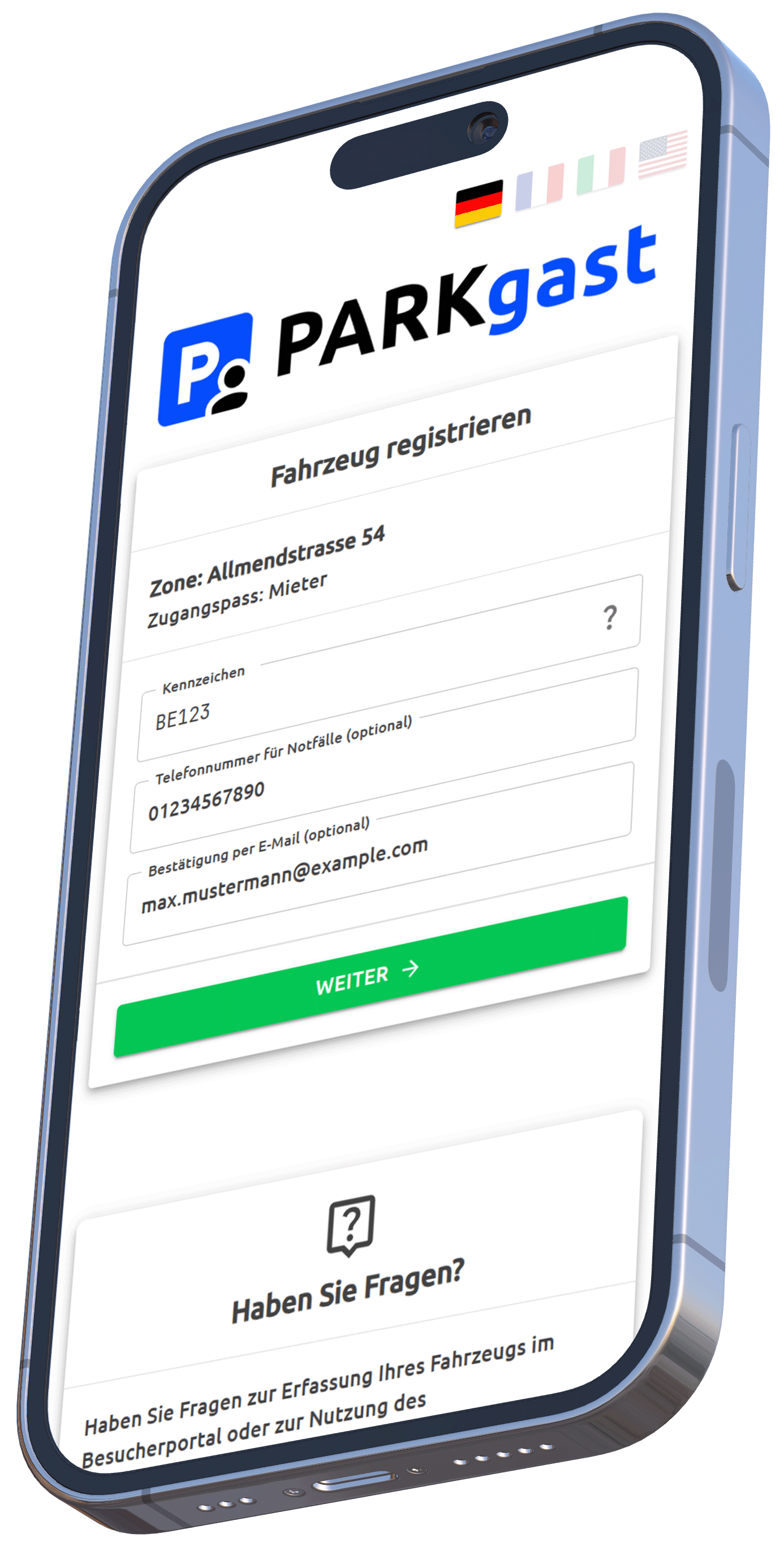 ParkGast Fahrzeugregistrierung auf dem Smartphone