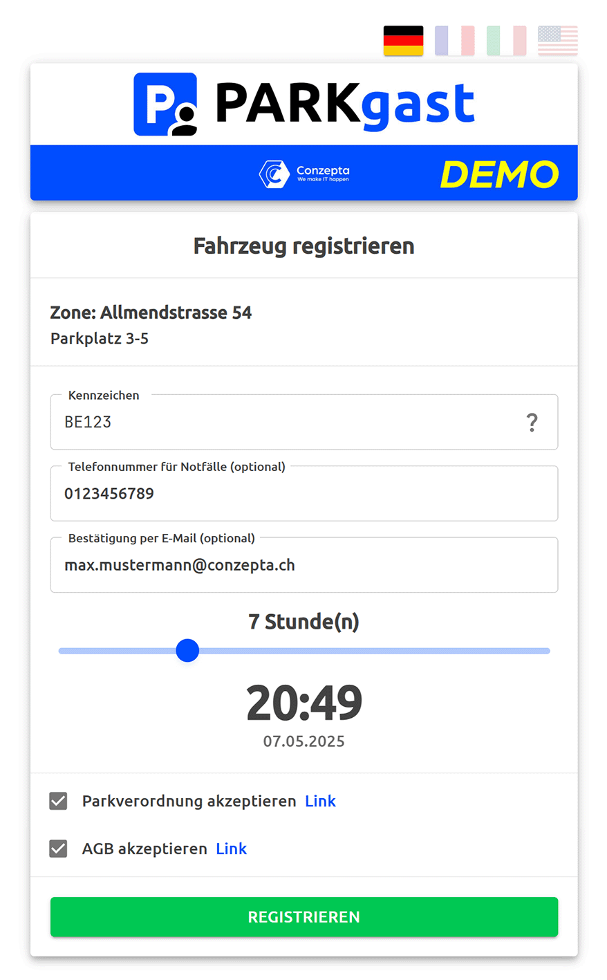 Screenshot der ParkGast Fahrzeugregistrierung