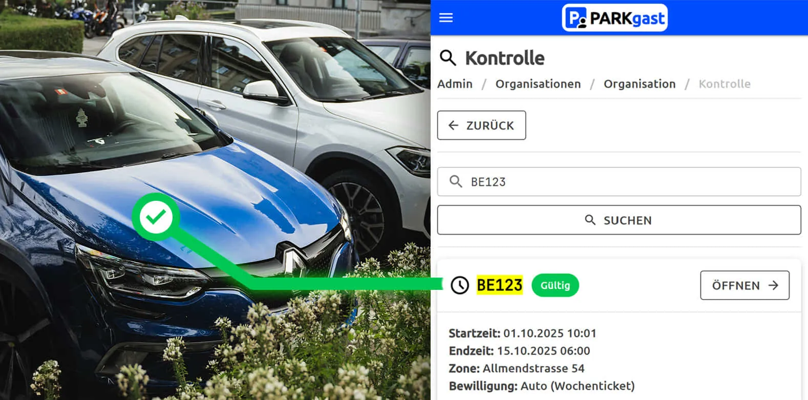 ParkGast Web-Portal zur Kontrolle registrierter Fahrzeuge
